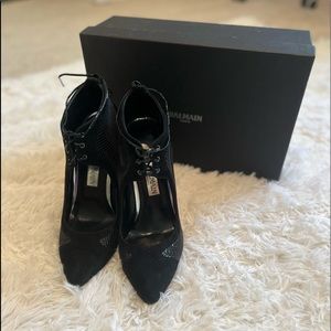 Balmain black suede lace up heels